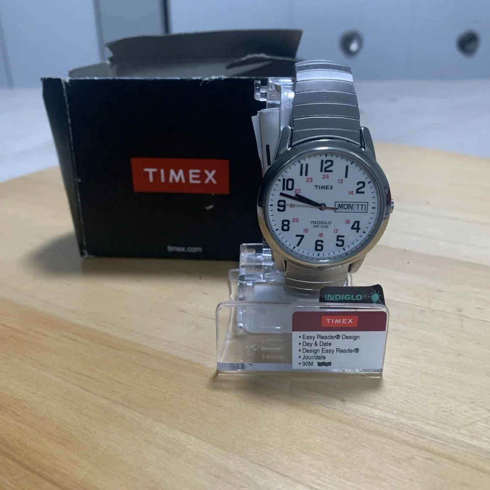 New Timex Easy Reader T20461 35mm Mens Watch White Dial Silver Expansion Band